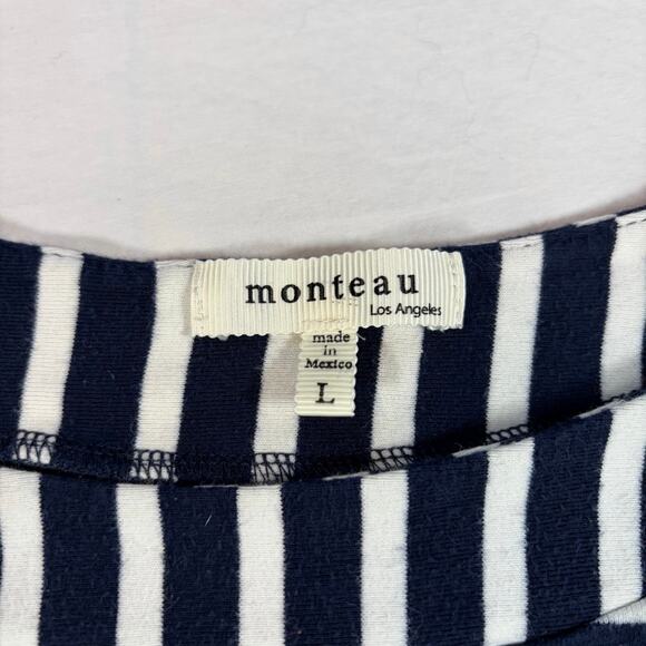 Monteau womens boatneck navy white stripe 3/4 sleeve elbow patch L. Nautical - Picture 6 of 8